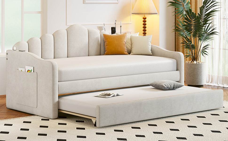 Twin Velvet Upholstered Daybed With Trundle And USB Ports - Sleep Galleria