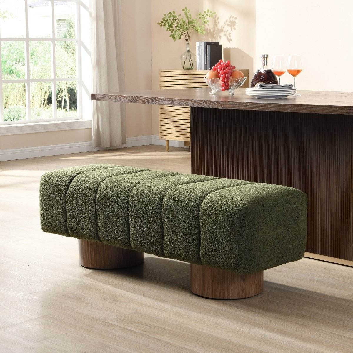 Upholstered Green Boucle Fabric Dining Bench - Sleep Galleria