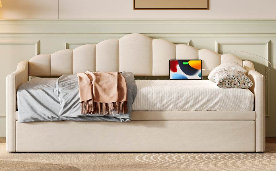 Upholstered Twin Velvet Daybed With Adjustable Trundle And USB Charging - Omega Lifestyles