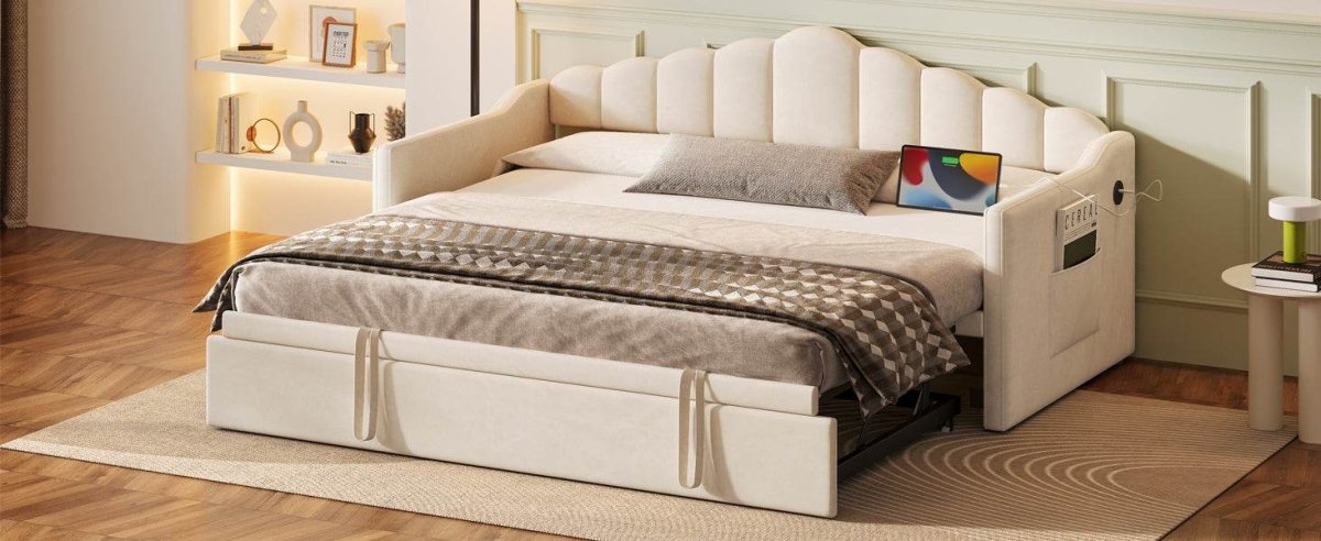 Upholstered Twin Velvet Daybed With Adjustable Trundle And USB Charging - Omega Lifestyles