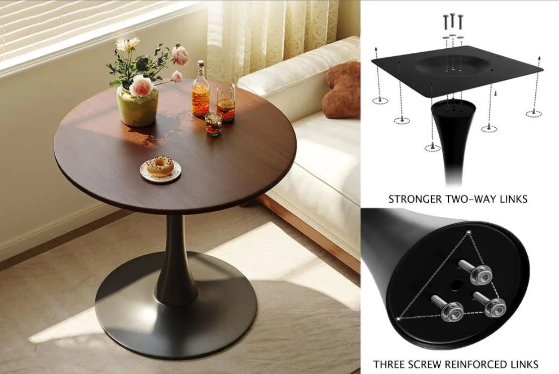 Walnut Modern Round MDF Metal Base Dining Table - Omega Lifestyles