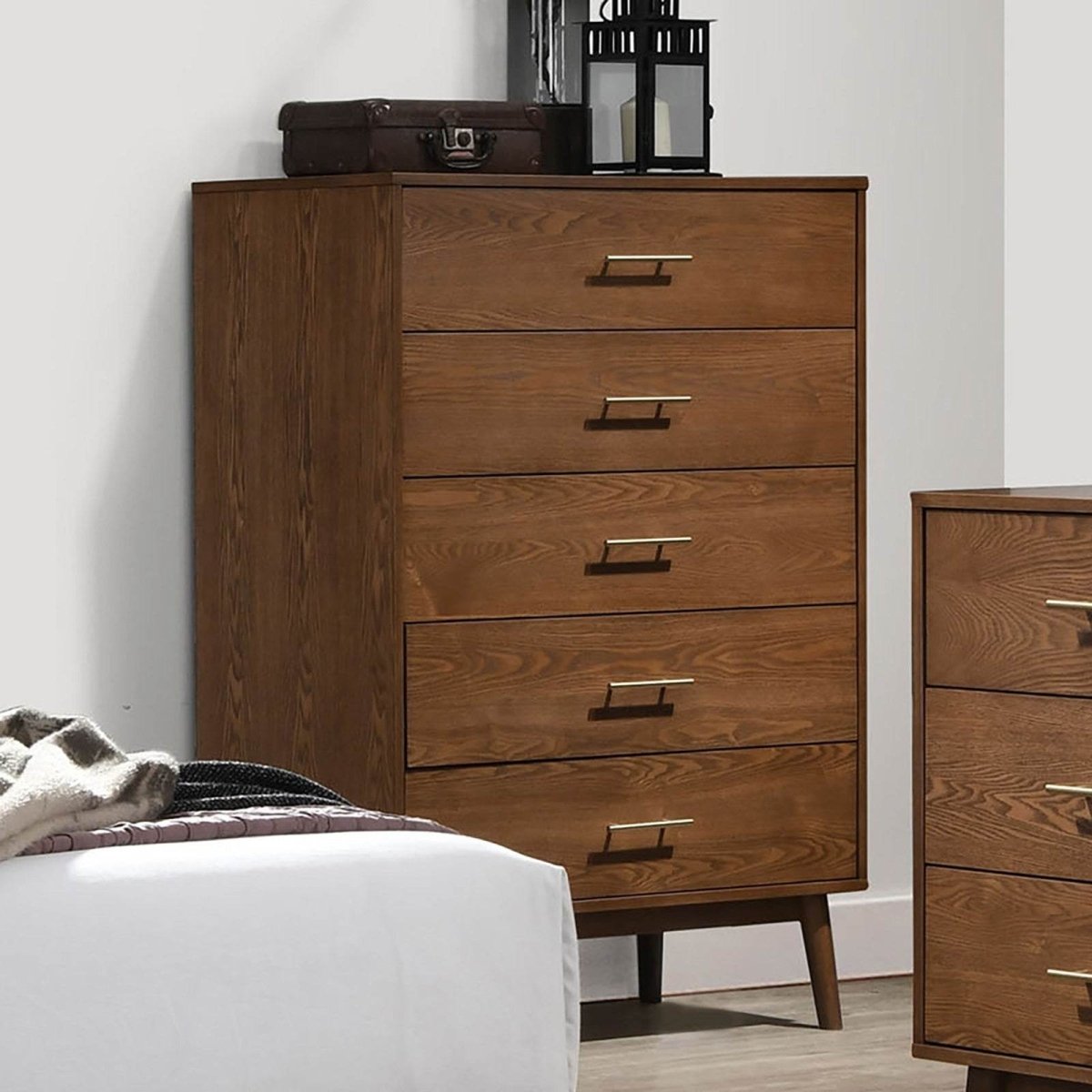 Walnut Solid Wood 5 - Drawer Chest Of Drawers - Serenova - Omega Lifestyles