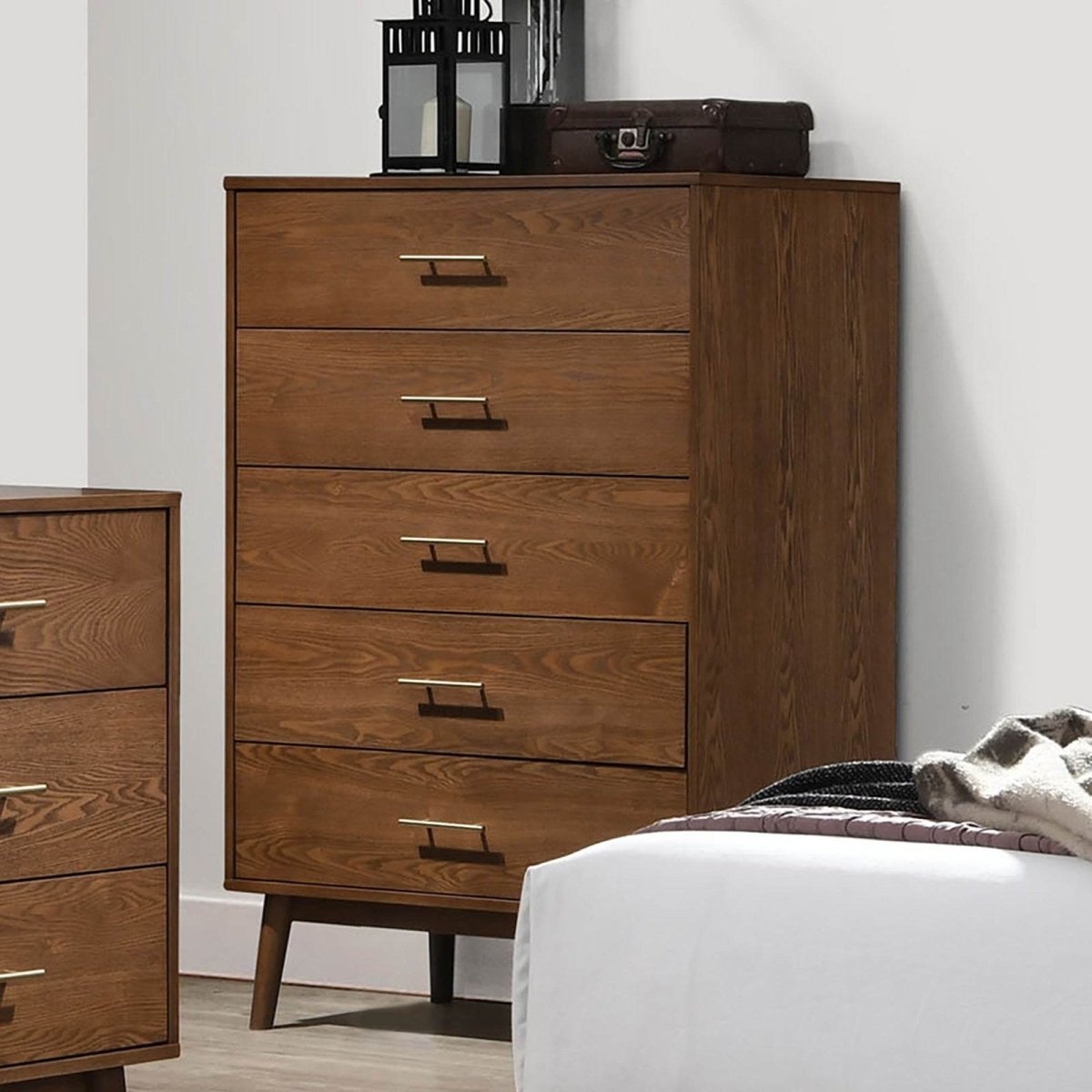 Walnut Solid Wood 5 - Drawer Chest Of Drawers - Serenova - Omega Lifestyles