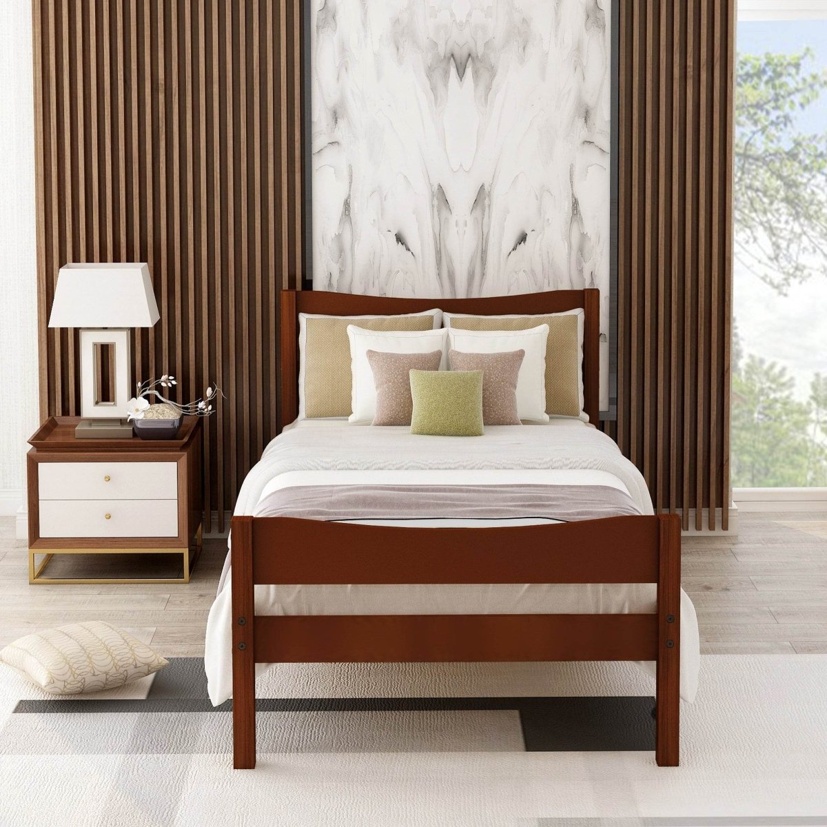 Walnut Twin Solid Wood Platform Bed With Headboard - Serenova - Omega Lifestyles