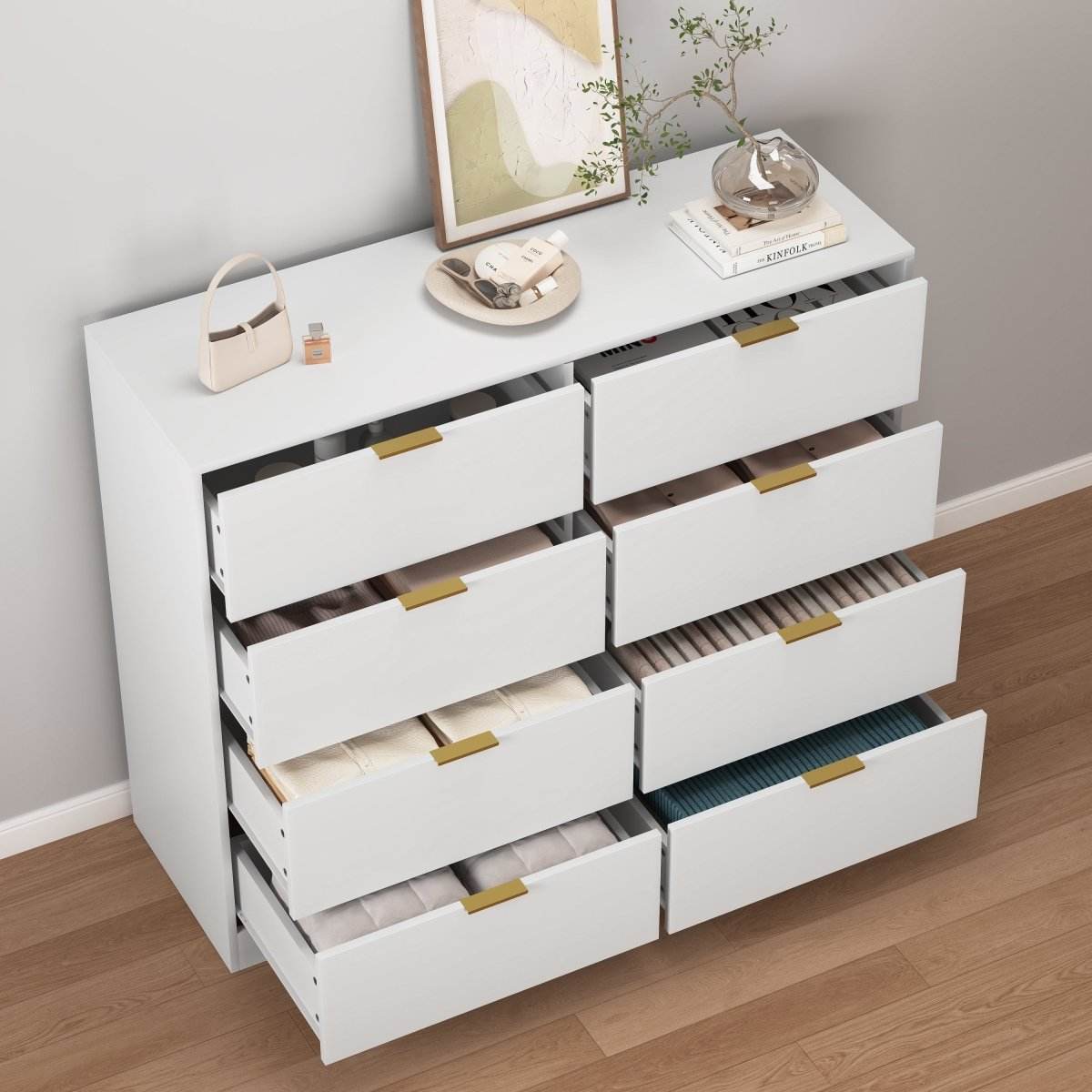 White 8-Drawer Tall Particleboard Storage Dresser - Omega Lifestyles
