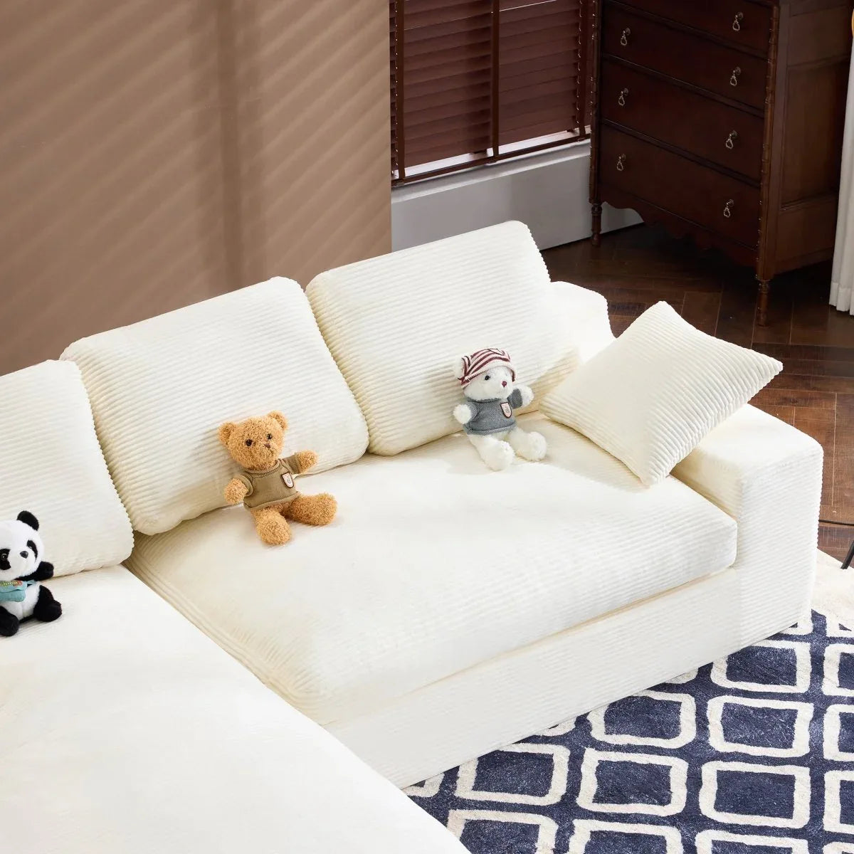 White Corduroy Compressed 4-Seat Medium-Soft Sofa With Pillows - Omega Lifestyles