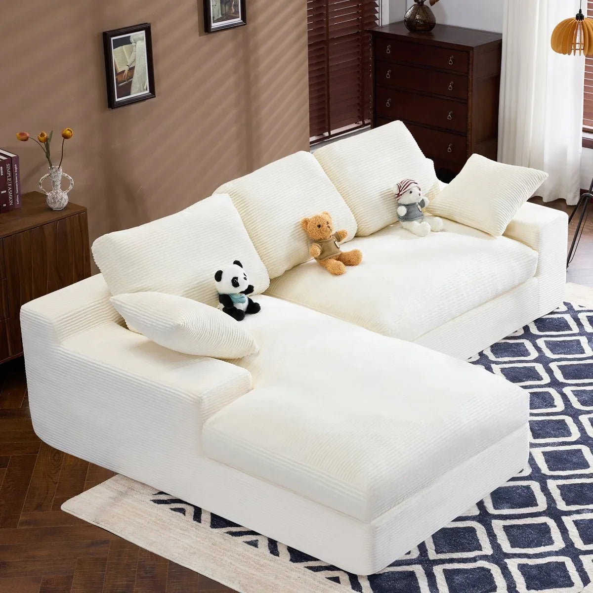 White Corduroy Compressed 4-Seat Medium-Soft Sofa With Pillows - Omega Lifestyles