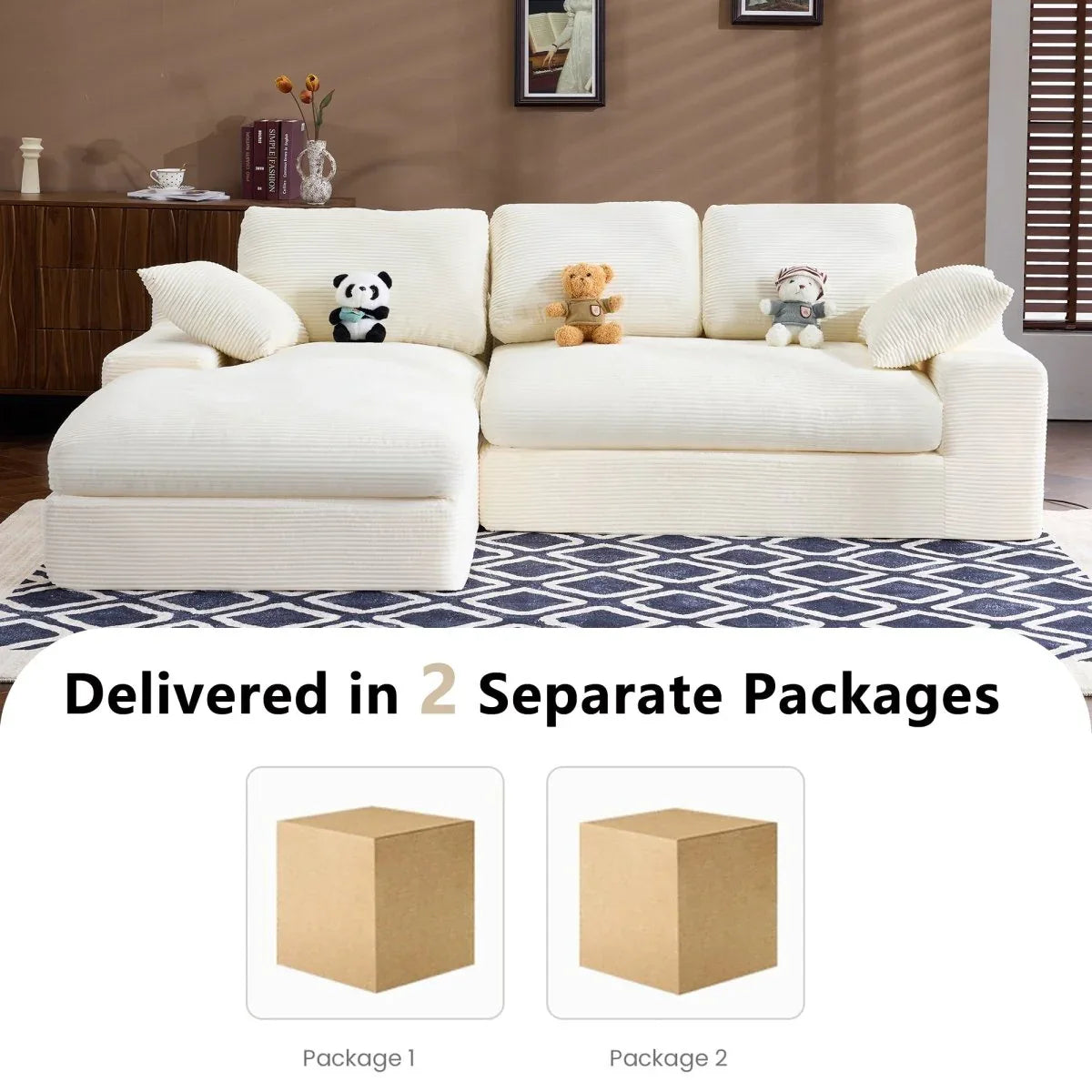 White Corduroy Compressed 4-Seat Medium-Soft Sofa With Pillows - Omega Lifestyles