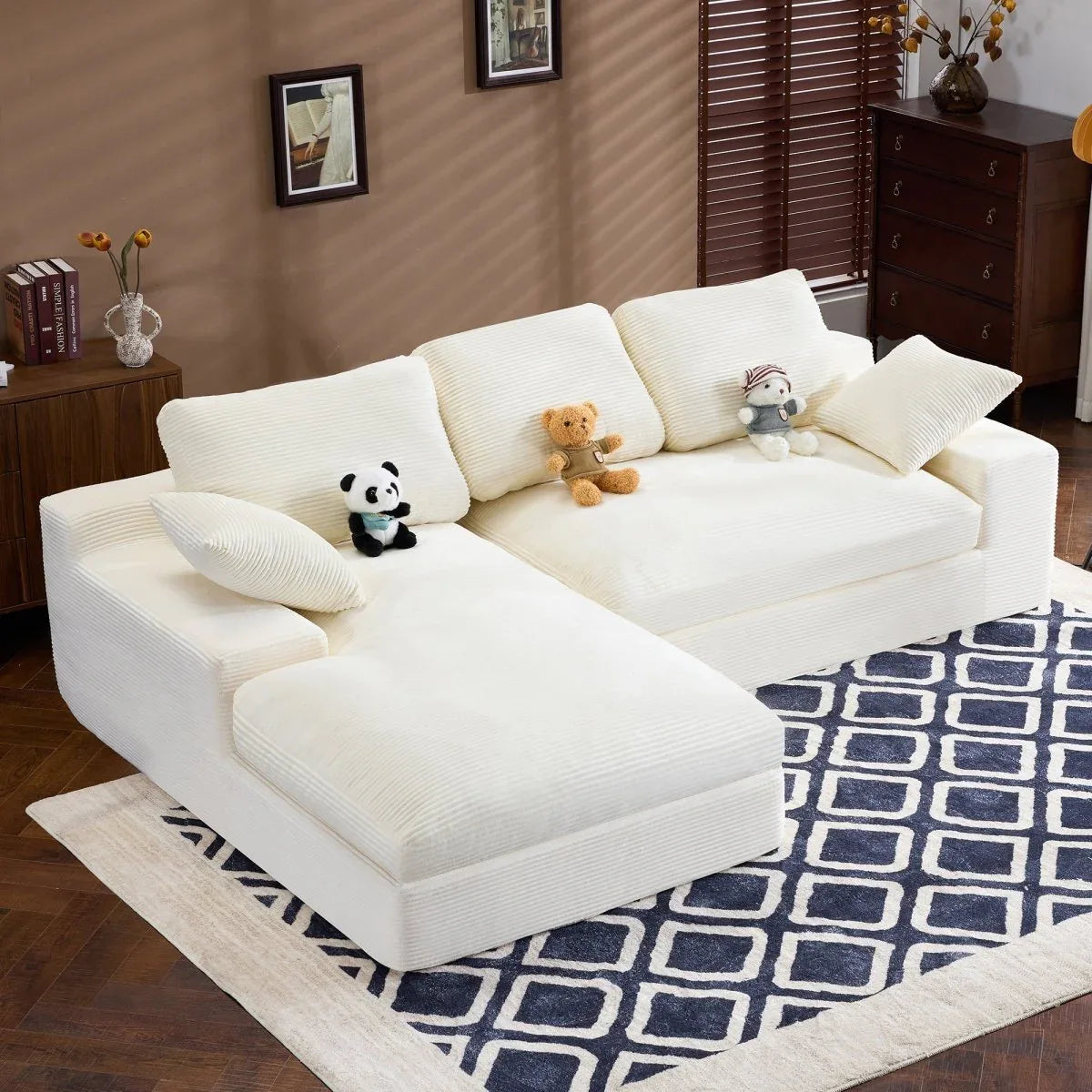 White Corduroy Compressed 4-Seat Medium-Soft Sofa With Pillows - Omega Lifestyles