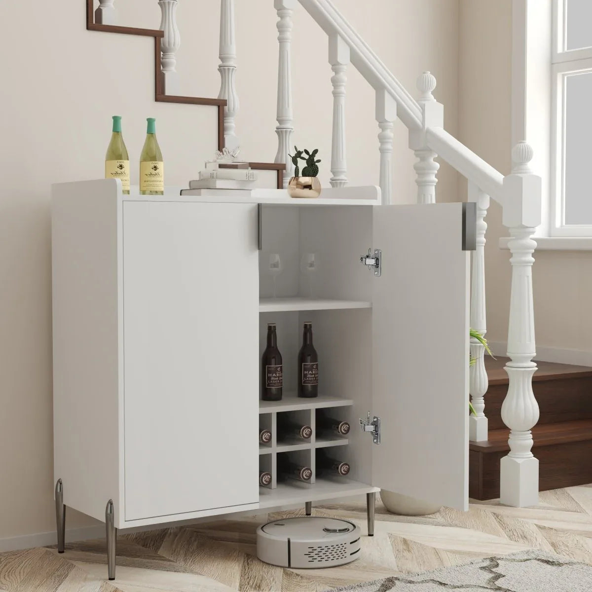 White Engineered Wood Wine Bar Cabinet With Storage - Omega Lifestyles
