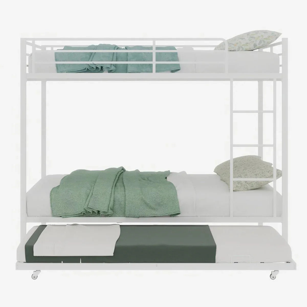 White Iron Full Trundle Bunk Bed With Safety Rails - Omega Lifestyles