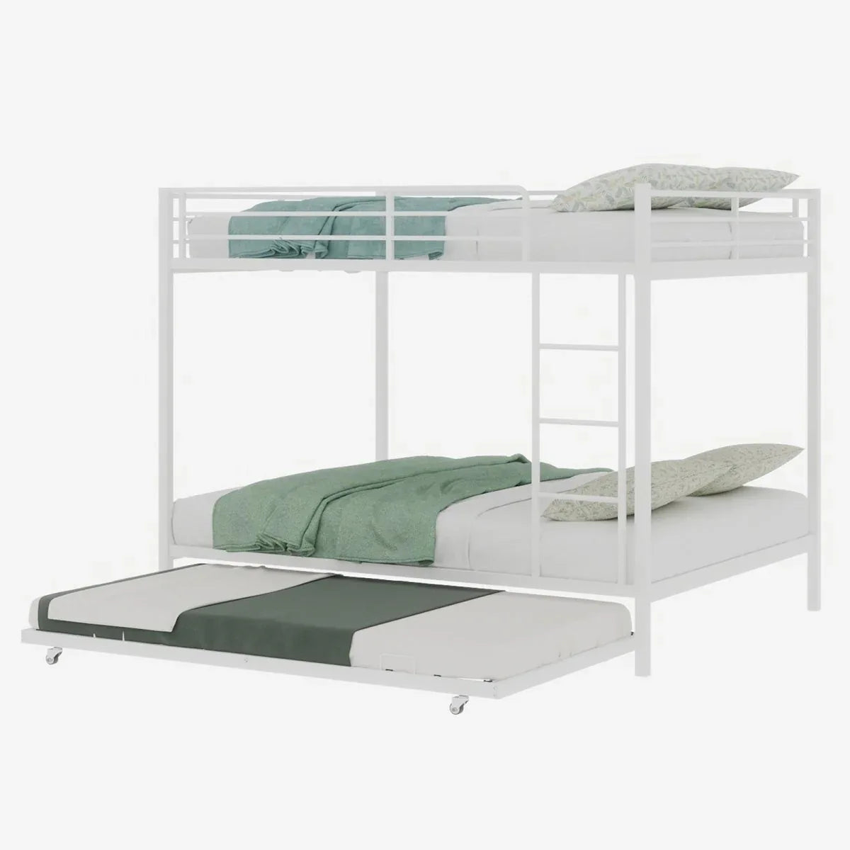 White Iron Full Trundle Bunk Bed With Safety Rails - Omega Lifestyles