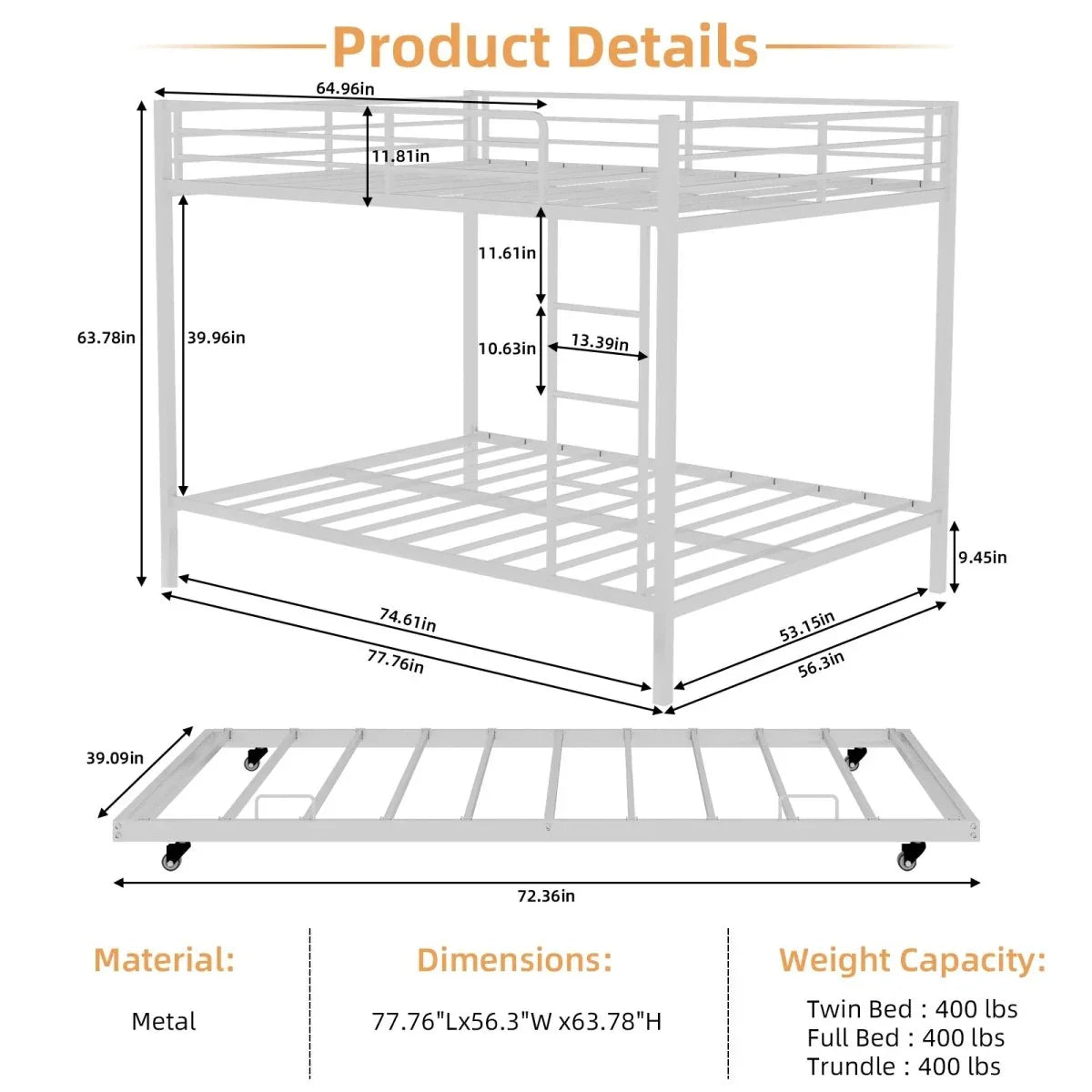 White Iron Full Trundle Bunk Bed With Safety Rails - Omega Lifestyles