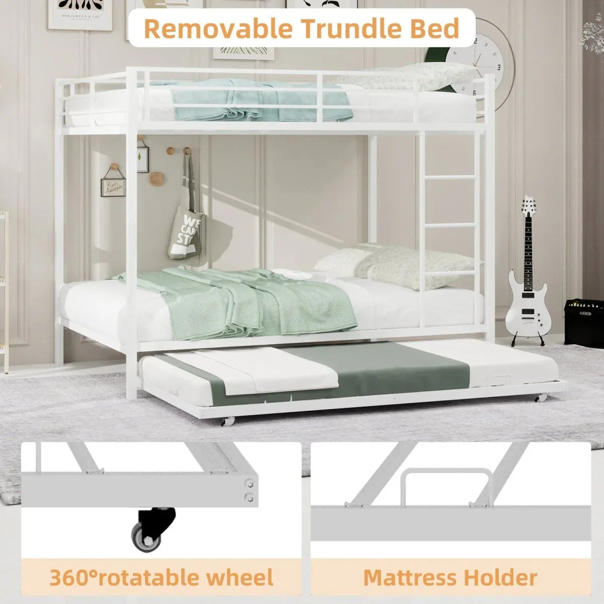 White Iron Full Trundle Bunk Bed With Safety Rails - Omega Lifestyles