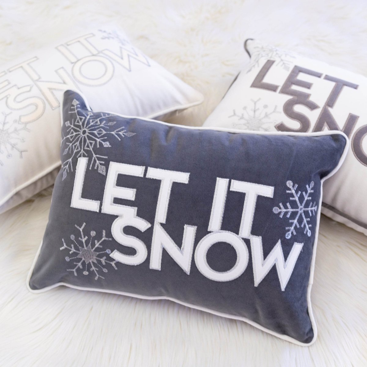 White Velvet Embroidered Let It Snow Lumbar Pillow 14x20 - Serenova - Omega Lifestyles