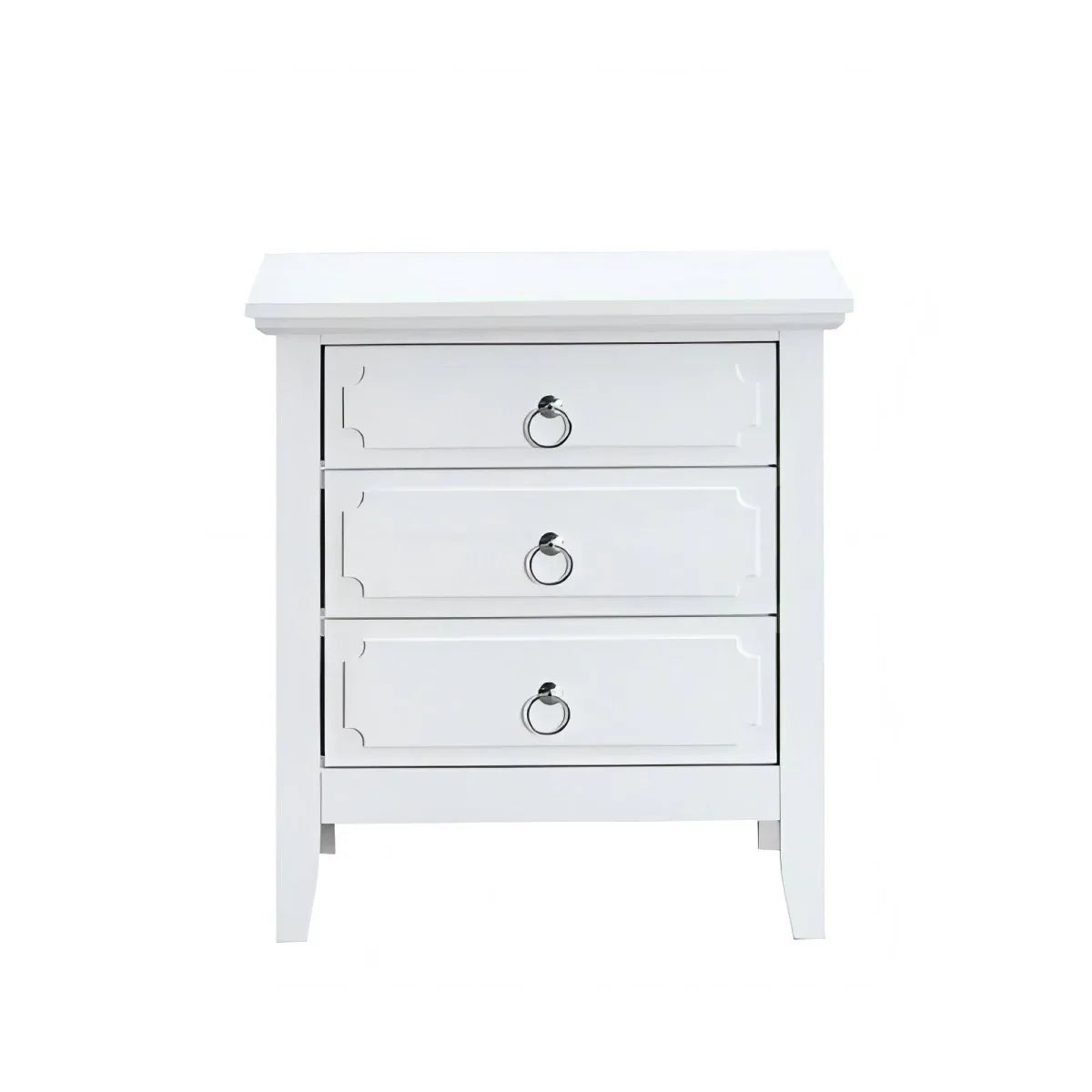 White Wood 3-Drawer Nightstand With Polished Nickel Hardware - Omega Lifestyles