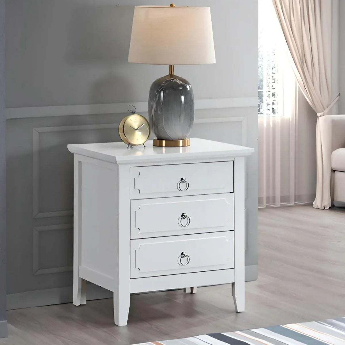 White Wood 3-Drawer Nightstand With Polished Nickel Hardware - Omega Lifestyles