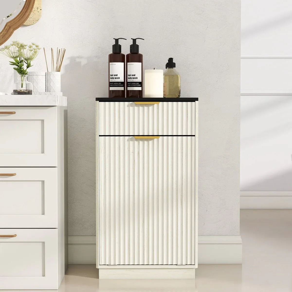 Woodgrain Tilt-Out Trash Can Cabinet With Drawer - Omega Lifestyles