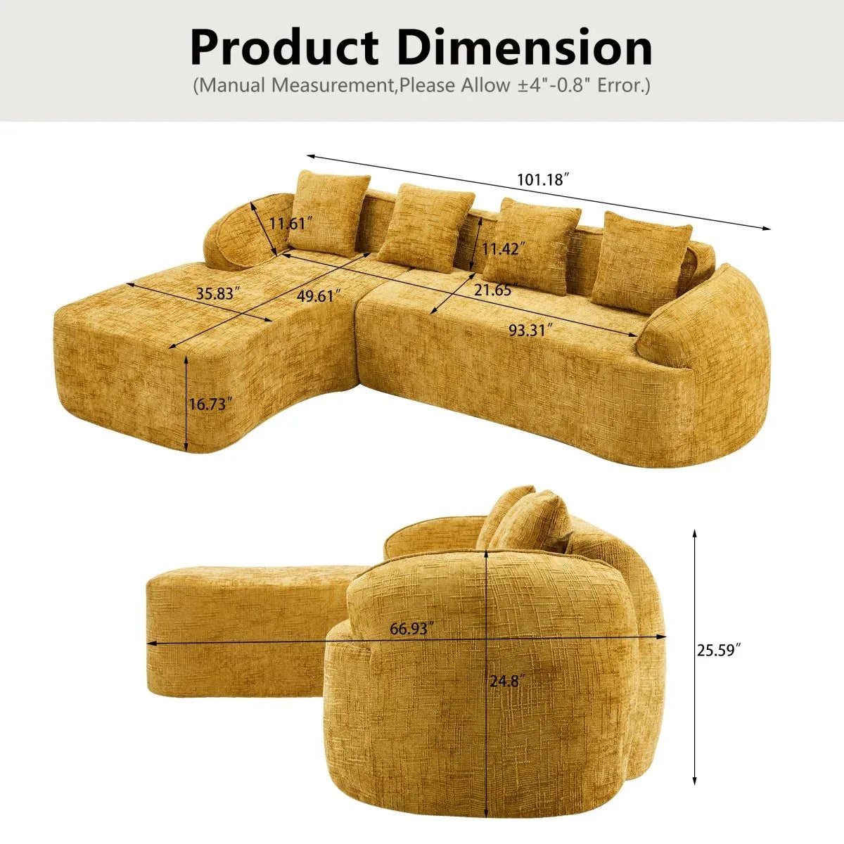 Yellow Chenille L-Shaped Medium-Soft 4-Seat Sofa - Omega Lifestyles
