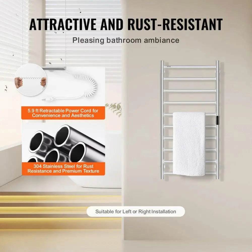 10-Bar Towel Warmer Rack Wall-Mounted Heated Towel Rack Bathroom Silver - Sleep Galleria