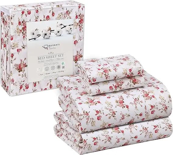 100% Cotton Sheets Queen Size Set, 4 Pieces, Soft & Breathable Percale Weave Bedding, Deep Pocket 16", Hotel Standard, Crisp Co - Omega Lifestyles