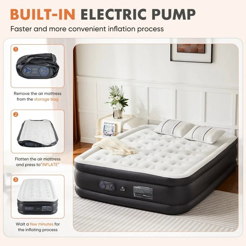 18" Queen Size Air Mattress Bed with Built- in Pump Blow Up Mattresses for Camping, Indoor Colchon, Guests Air Bed - Omega Lifestyles