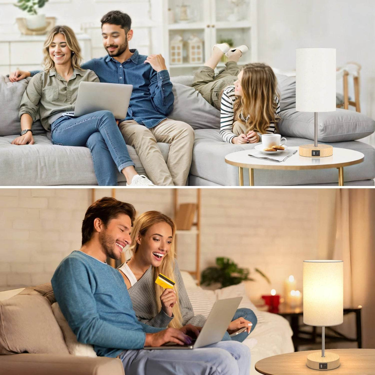 2 Pack 14 Inch Small Table Lamp for Bedroom, 3 Way Dimmable, Touch Control, Dual Charging Ports, 3000K Soft Warm (2 LED Bulb) - Omega Lifestyles