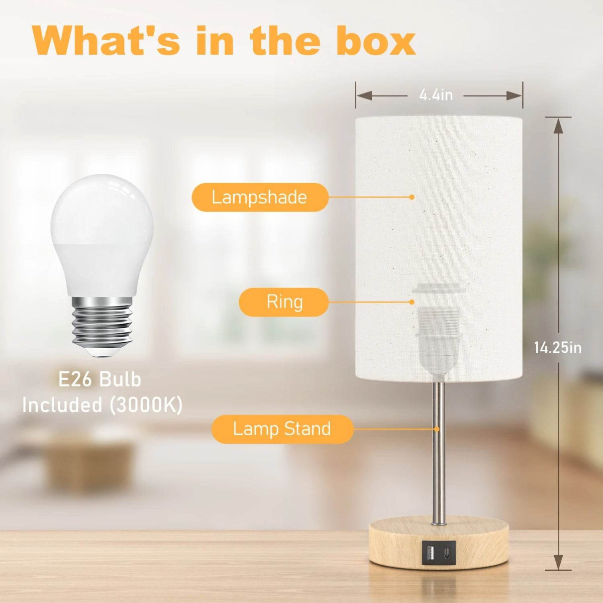 2 Pack 14 Inch Small Table Lamp for Bedroom, 3 Way Dimmable, Touch Control, Dual Charging Ports, 3000K Soft Warm (2 LED Bulb) - Omega Lifestyles