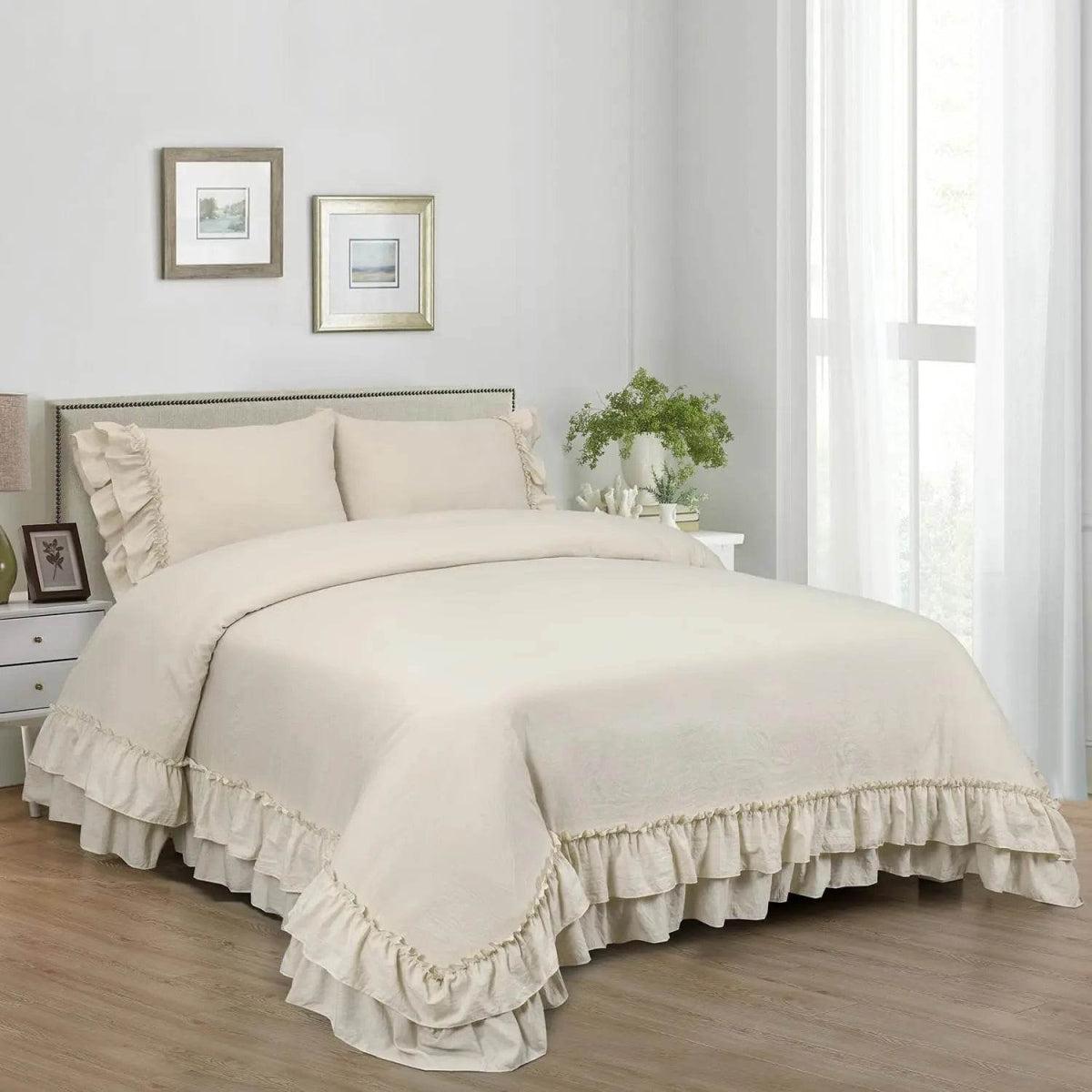 3 Piece Ruffled Duvet Cover Set Queen,Farmhouse Ruffle Comforter Set,Cozy Bedding Set - 1 Ruffle Comforter and 2 Pillowcases - Sleep Galleria