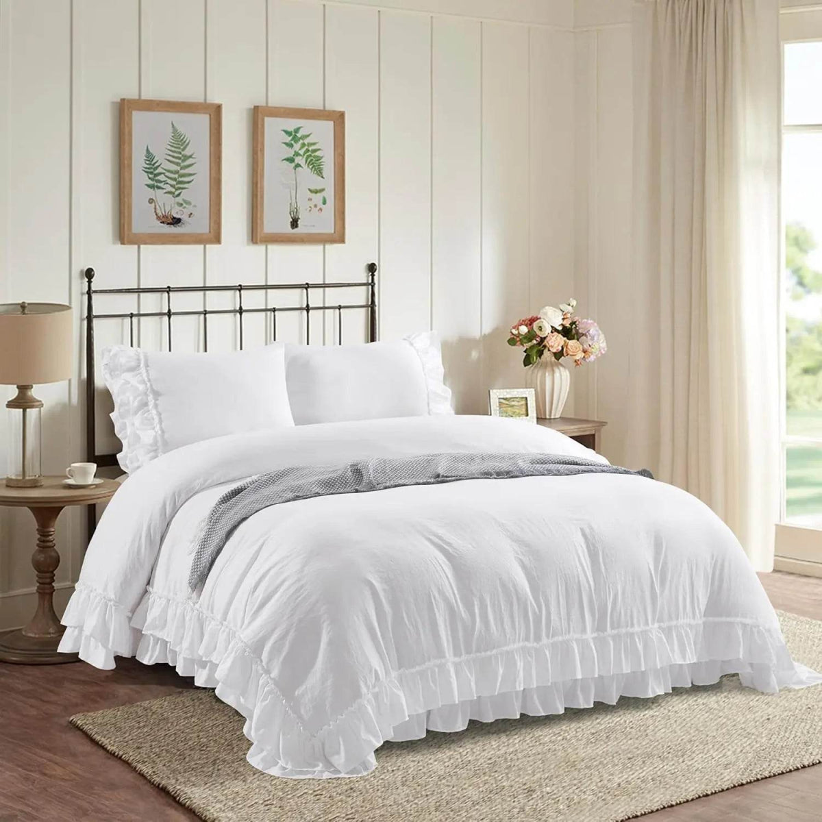 3 Piece Ruffled Duvet Cover Set Queen,Farmhouse Ruffle Comforter Set,Cozy Bedding Set - 1 Ruffle Comforter and 2 Pillowcases - Sleep Galleria
