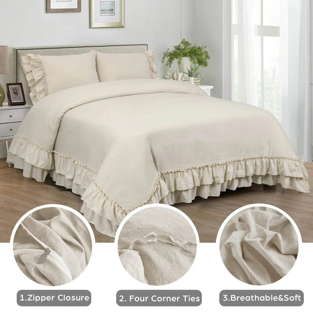 3 Piece Ruffled Duvet Cover Set Queen,Farmhouse Ruffle Comforter Set,Cozy Bedding Set - 1 Ruffle Comforter and 2 Pillowcases - Sleep Galleria