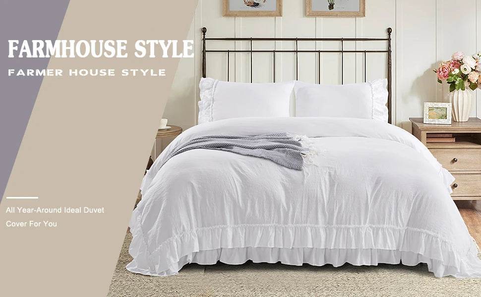 3 Piece Ruffled Duvet Cover Set Queen,Farmhouse Ruffle Comforter Set,Cozy Bedding Set - 1 Ruffle Comforter and 2 Pillowcases - Sleep Galleria