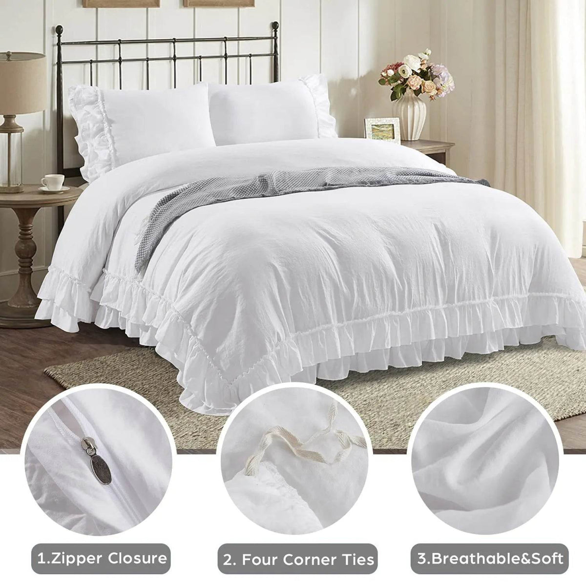 3 Piece Ruffled Duvet Cover Set Queen,Farmhouse Ruffle Comforter Set,Cozy Bedding Set - 1 Ruffle Comforter and 2 Pillowcases - Sleep Galleria