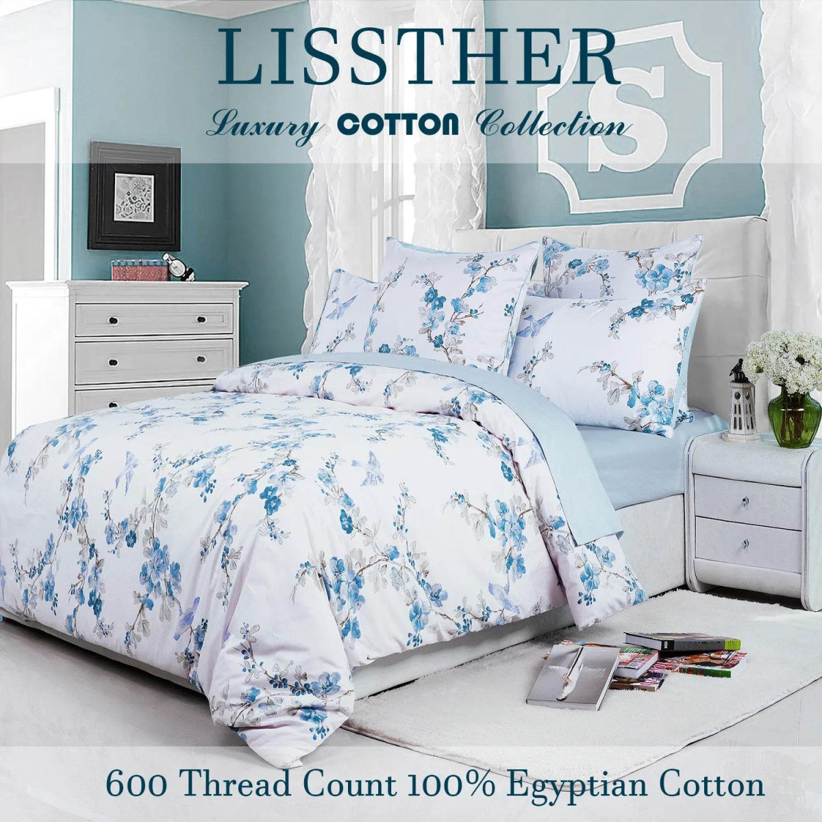 3pcs 600TC 100% Egyptian Cotton Duvet Cover Set, Blue Watercolor Floral, Soft Breathable Skin-Friendly (No Inserts) - Sleep Galleria