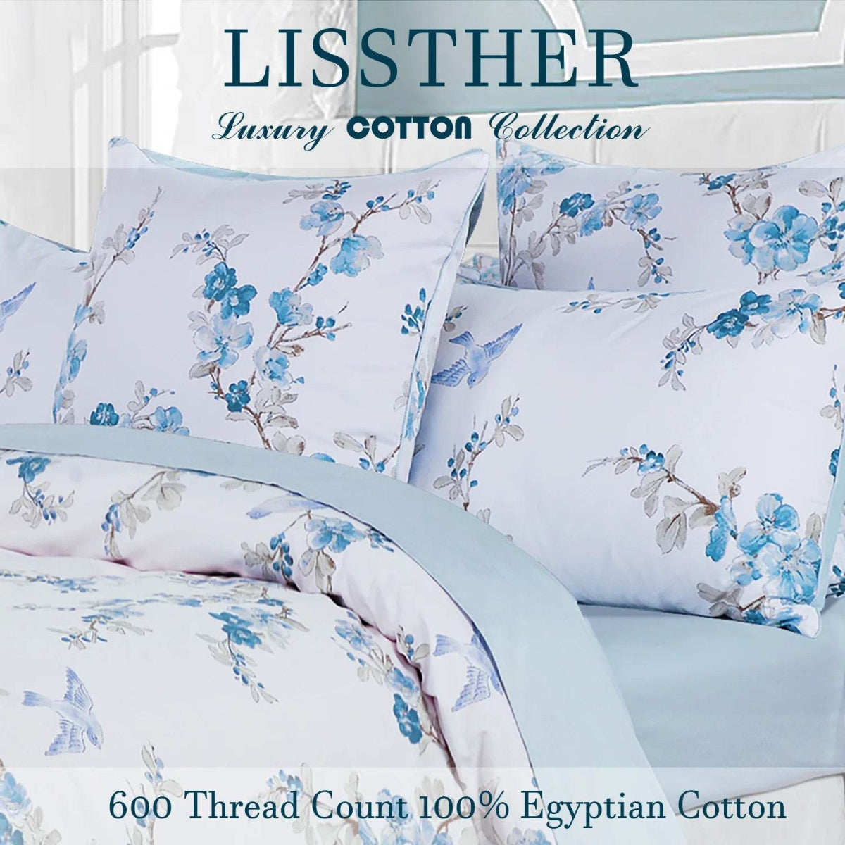 3pcs 600TC 100% Egyptian Cotton Duvet Cover Set, Blue Watercolor Floral, Soft Breathable Skin-Friendly (No Inserts) - Sleep Galleria
