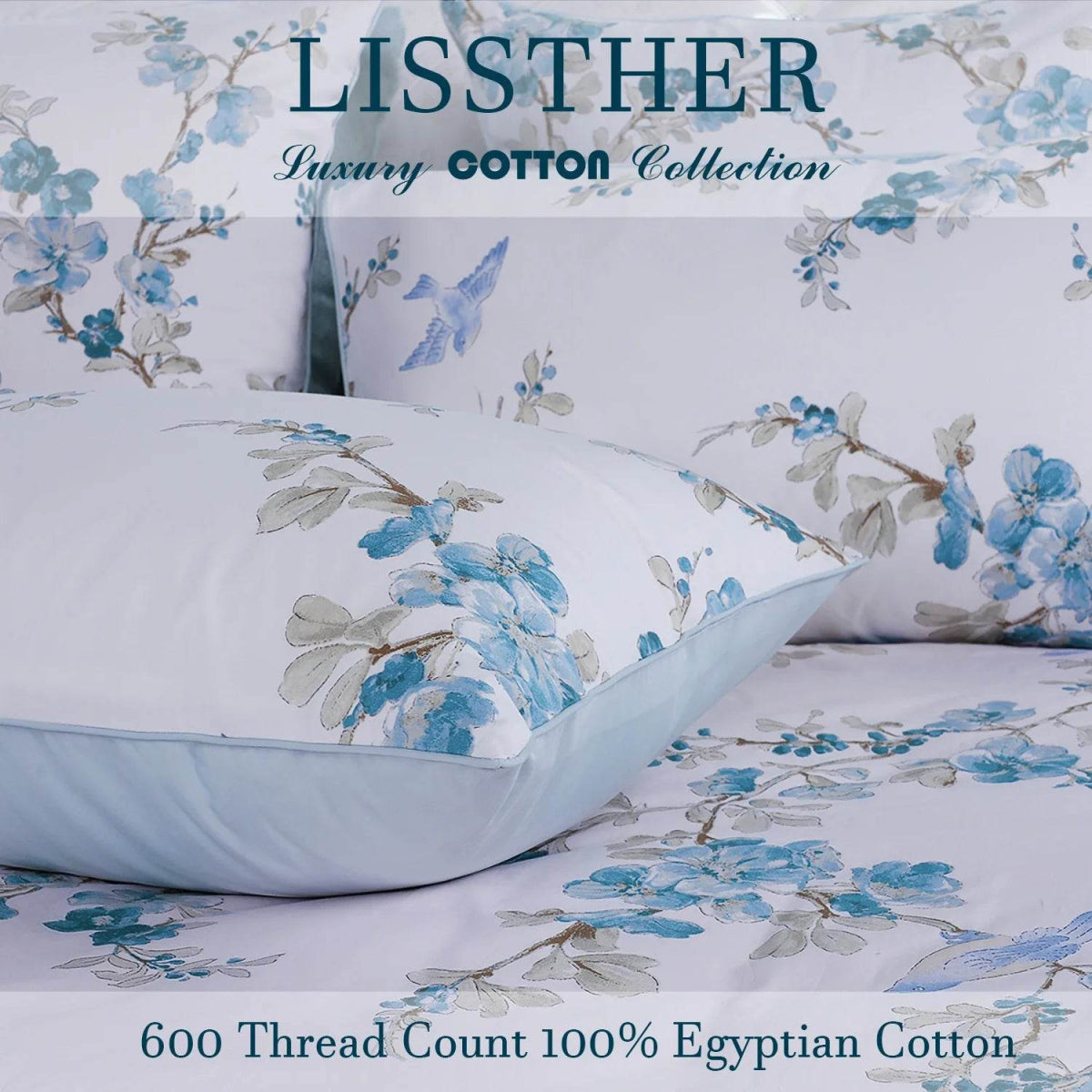 3pcs 600TC 100% Egyptian Cotton Duvet Cover Set, Blue Watercolor Floral, Soft Breathable Skin-Friendly (No Inserts) - Sleep Galleria