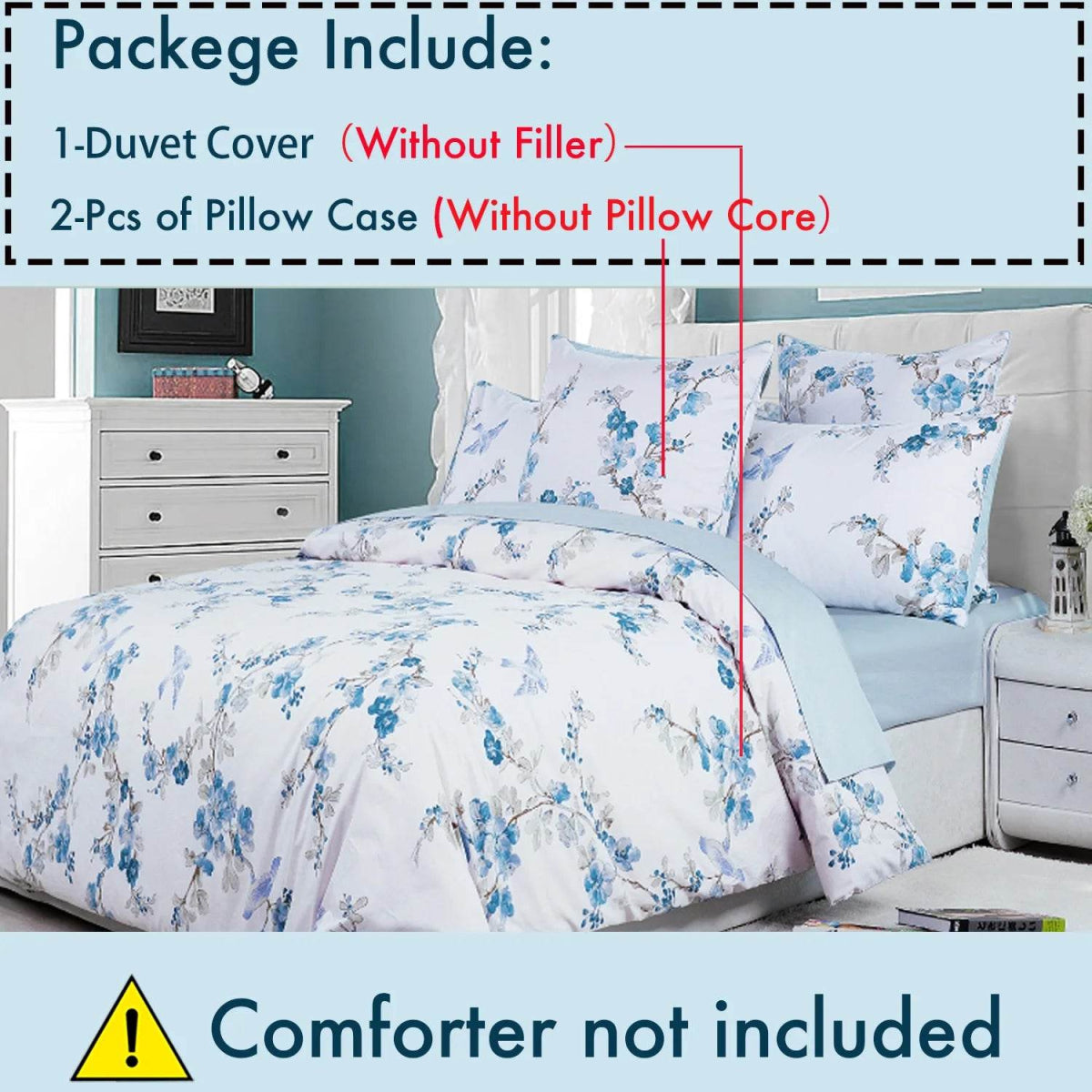 3pcs 600TC 100% Egyptian Cotton Duvet Cover Set, Blue Watercolor Floral, Soft Breathable Skin-Friendly (No Inserts) - Sleep Galleria