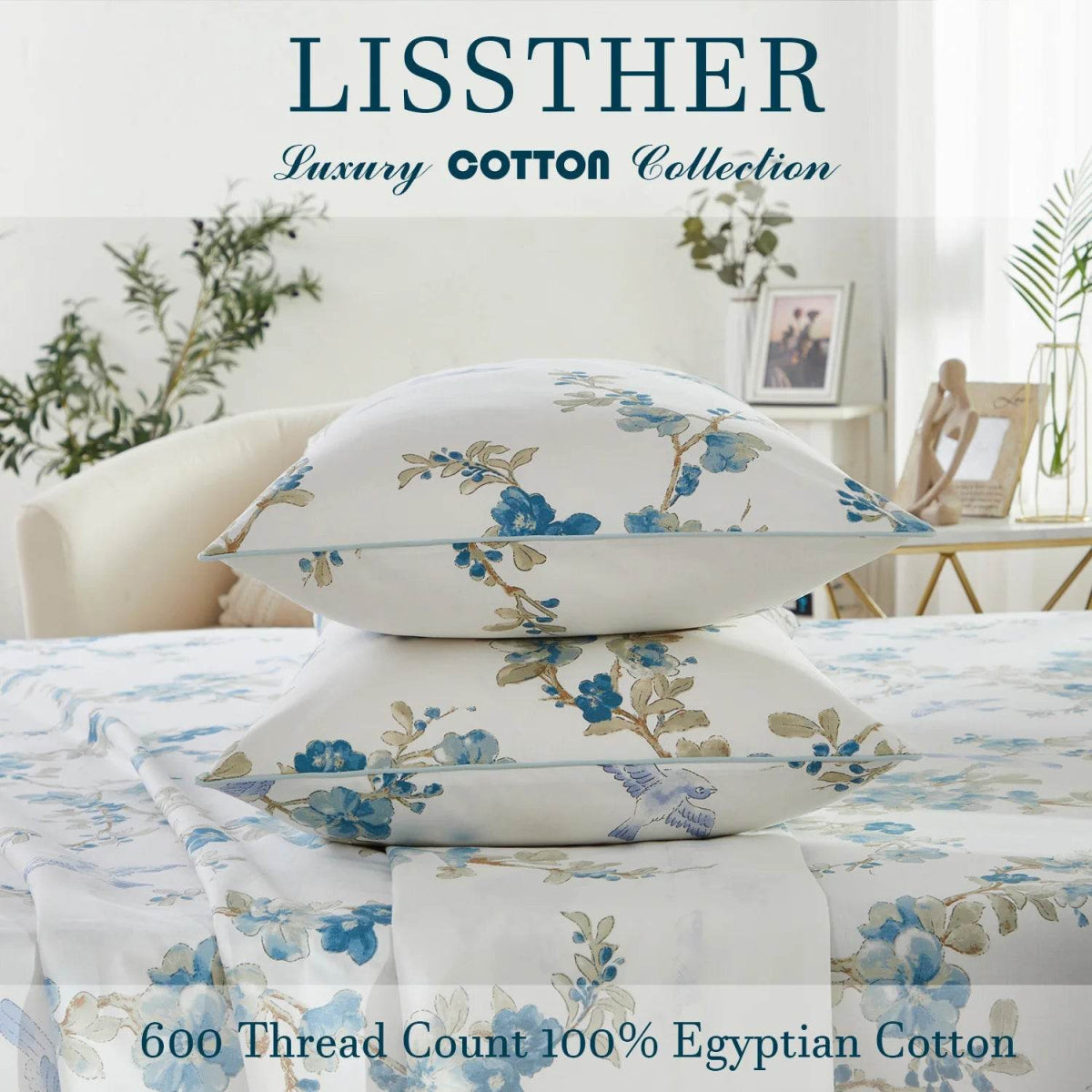 3pcs 600TC 100% Egyptian Cotton Duvet Cover Set, Blue Watercolor Floral, Soft Breathable Skin-Friendly (No Inserts) - Sleep Galleria