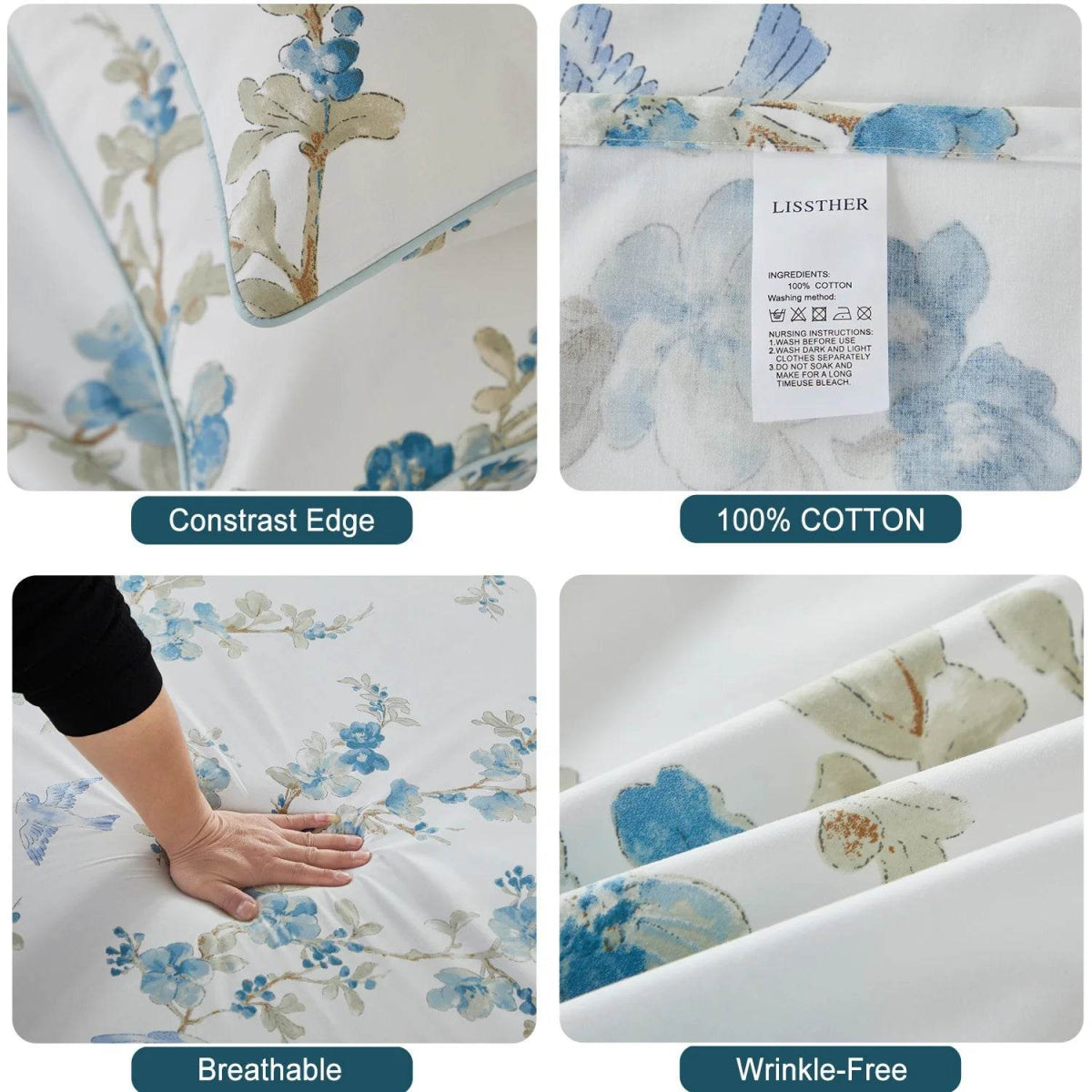 3pcs 600TC 100% Egyptian Cotton Duvet Cover Set, Blue Watercolor Floral, Soft Breathable Skin-Friendly (No Inserts) - Sleep Galleria