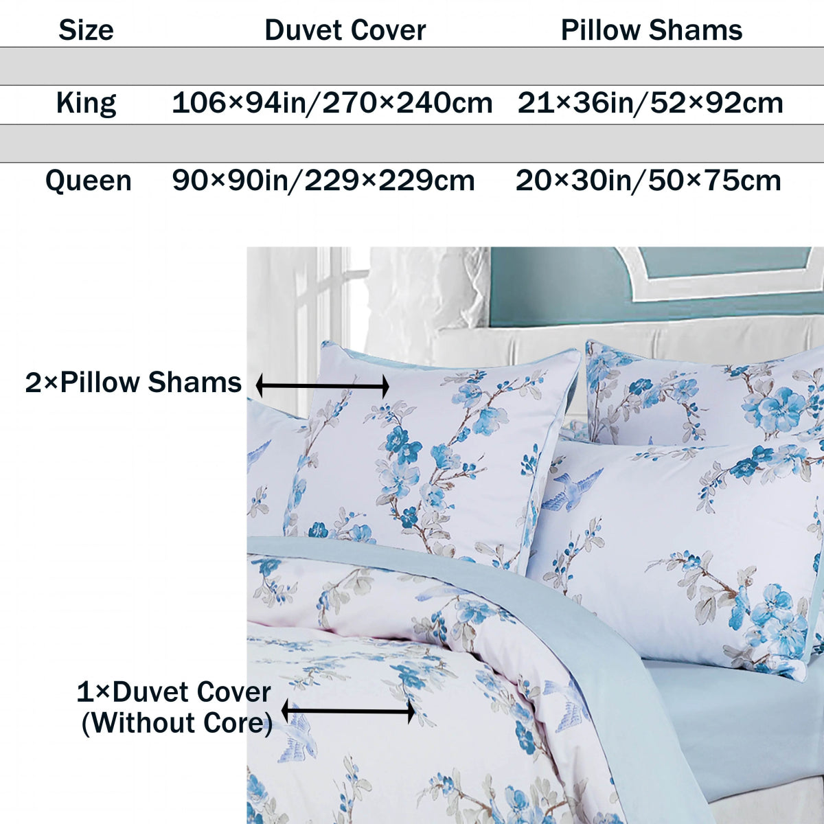 3pcs 600TC 100% Egyptian Cotton Duvet Cover Set, Blue Watercolor Floral, Soft Breathable Skin-Friendly (No Inserts) - Sleep Galleria
