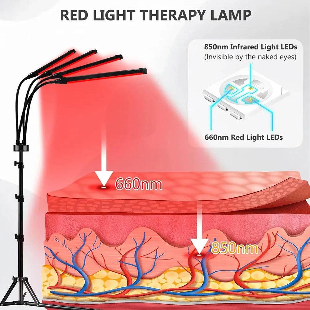 4 Head Red Light Therapy Lamp Infrared Light w/Timer Adjustable 660nm 850nm Near Infrared Light for Body Pain Relief Skin Care - Sleep Galleria