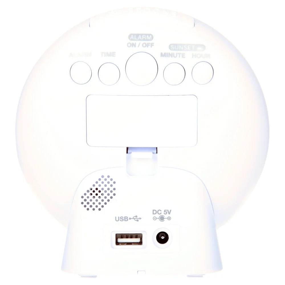 5 Inch White Electric Sunrise Simulator Alarm Clock Digital LED Display Snooze Function Dimmable Nightlight Sunset Relaxation - Sleep Galleria