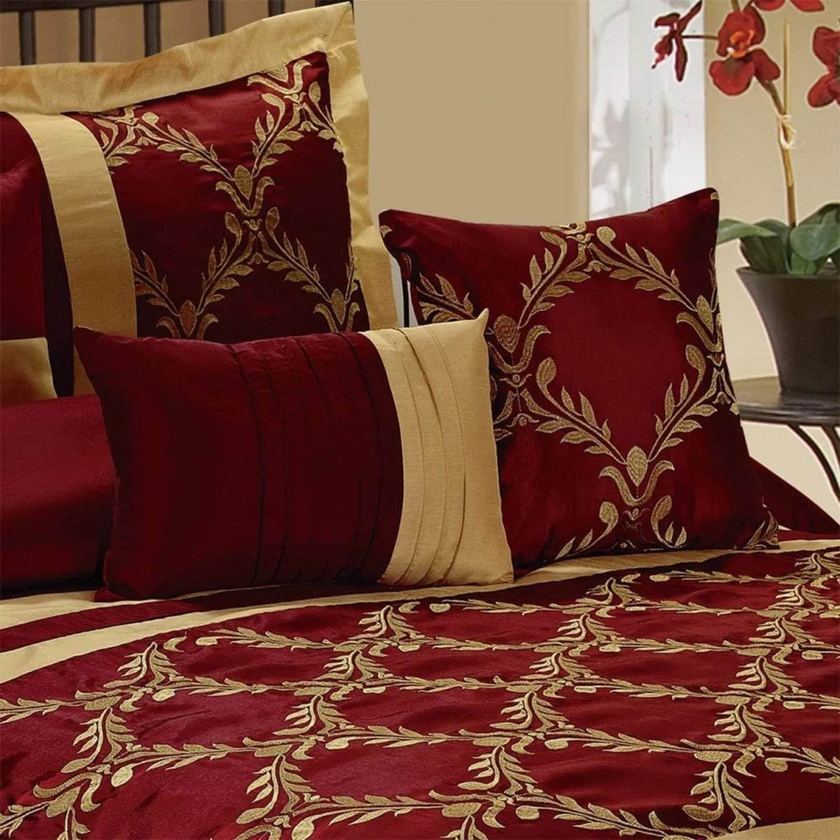 7 Piece Comforter Set King - Burgundy and Gold Faux Silk Fabric Embroidered - Claremont Bed in A Bag - Breathable and Wrinkle - Sleep Galleria