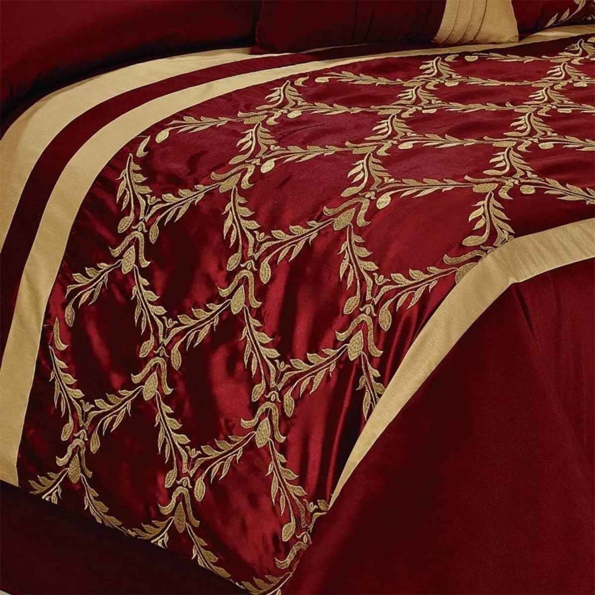 7 Piece Comforter Set King - Burgundy and Gold Faux Silk Fabric Embroidered - Claremont Bed in A Bag - Breathable and Wrinkle - Sleep Galleria