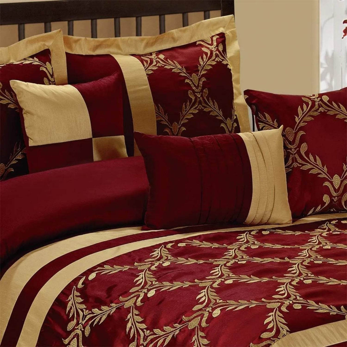 7 Piece Comforter Set King - Burgundy and Gold Faux Silk Fabric Embroidered - Claremont Bed in A Bag - Breathable and Wrinkle - Sleep Galleria