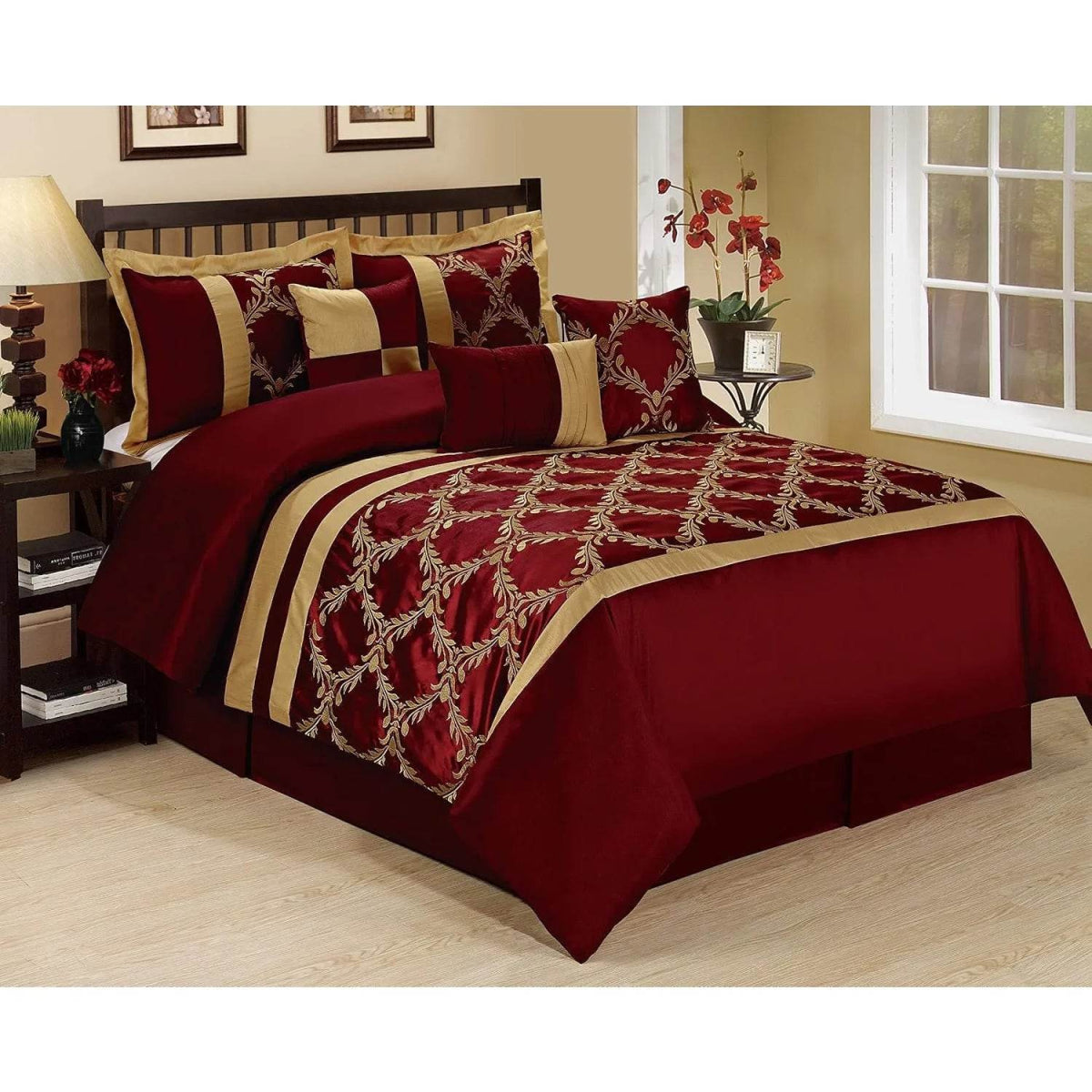 7 Piece Comforter Set King - Burgundy and Gold Faux Silk Fabric Embroidered - Claremont Bed in A Bag - Breathable and Wrinkle - Sleep Galleria