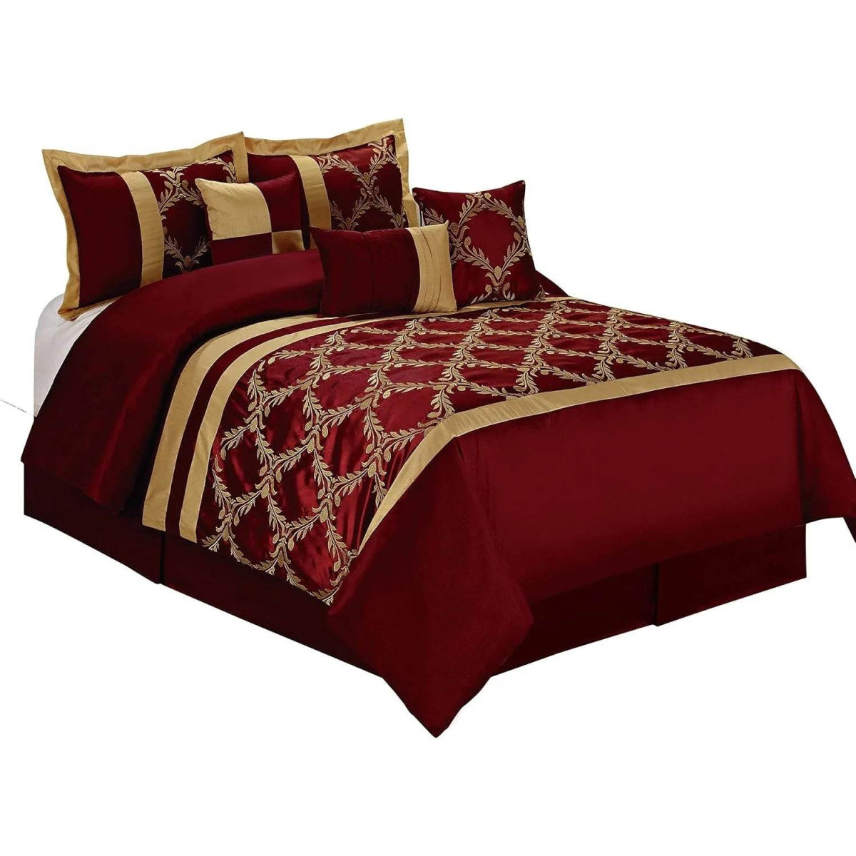 7 Piece Comforter Set King - Burgundy and Gold Faux Silk Fabric Embroidered - Claremont Bed in A Bag - Breathable and Wrinkle - Sleep Galleria