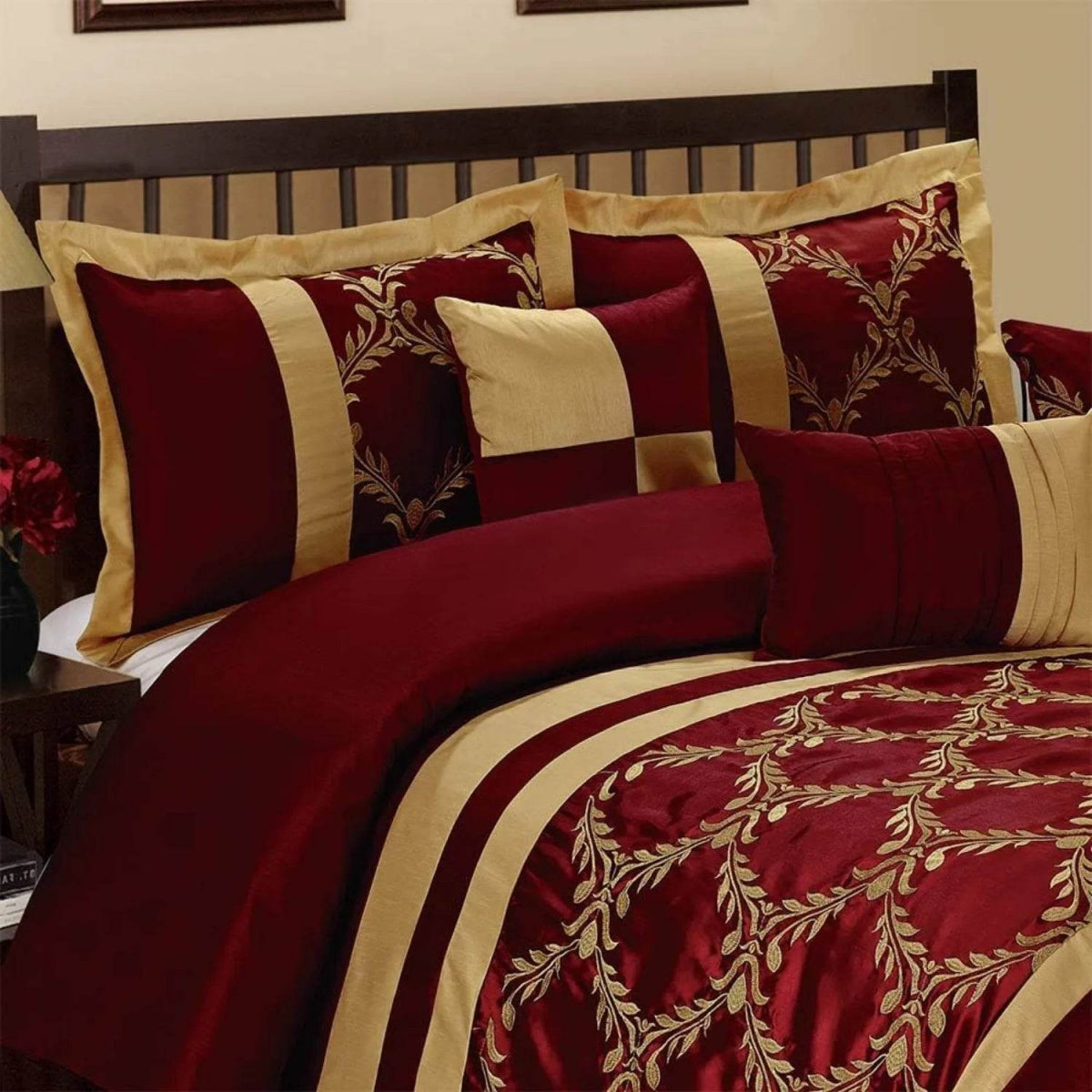 7 Piece Comforter Set King - Burgundy and Gold Faux Silk Fabric Embroidered - Claremont Bed in A Bag - Breathable and Wrinkle - Sleep Galleria