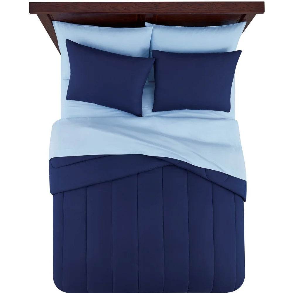 7 Piece Reversible Bed in a Bag Comforter Set with Sheets Pillowcases Shams Fitted Flat Queen Size Machine Washable Polyester - Sleep Galleria