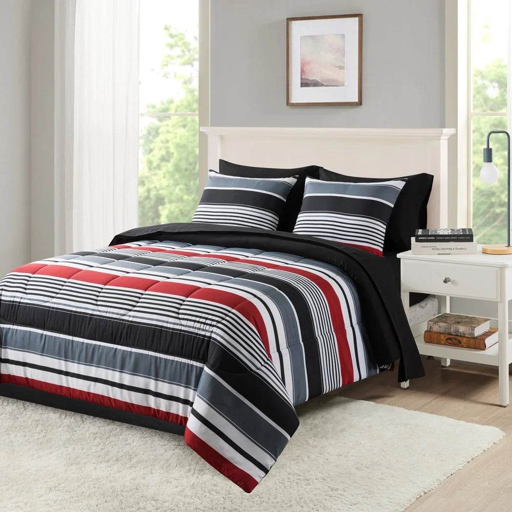 7 Piece Reversible Bedding Set Queen Comforter Sheets Pillowcases Shams Soft Polyester Machine Washable Unisex Storage Bag - Sleep Galleria